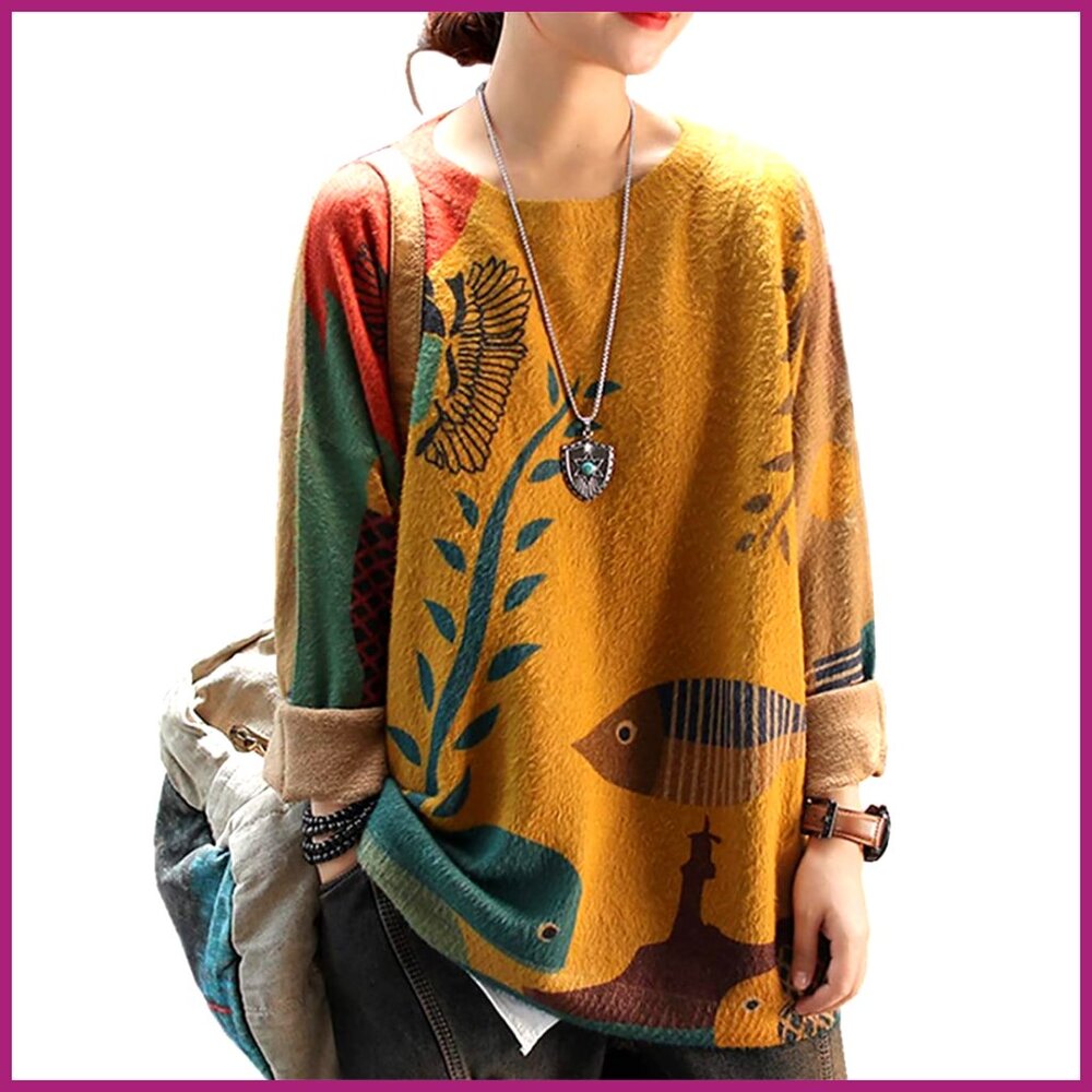 Cotton Wool Oversized Pullover Sweater Graphic Print Casual Loose Knit Top